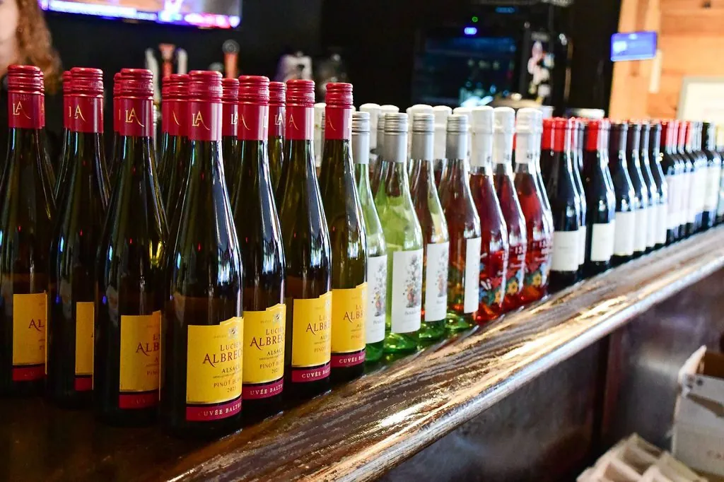 A long row of white, rosé, and red wine bottles lined up along the wooden bar