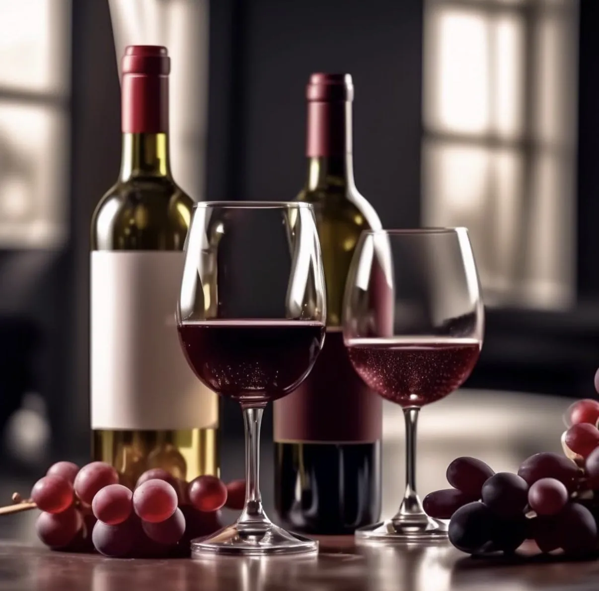 Glasses of red wine with bottles and grapes at The Vineyard Wine Market